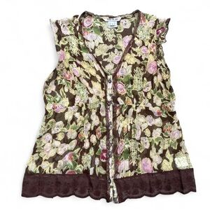 mac & jac size medium Y2K 100% Silk Brown Floral V-Neck Sleeveless Blouse